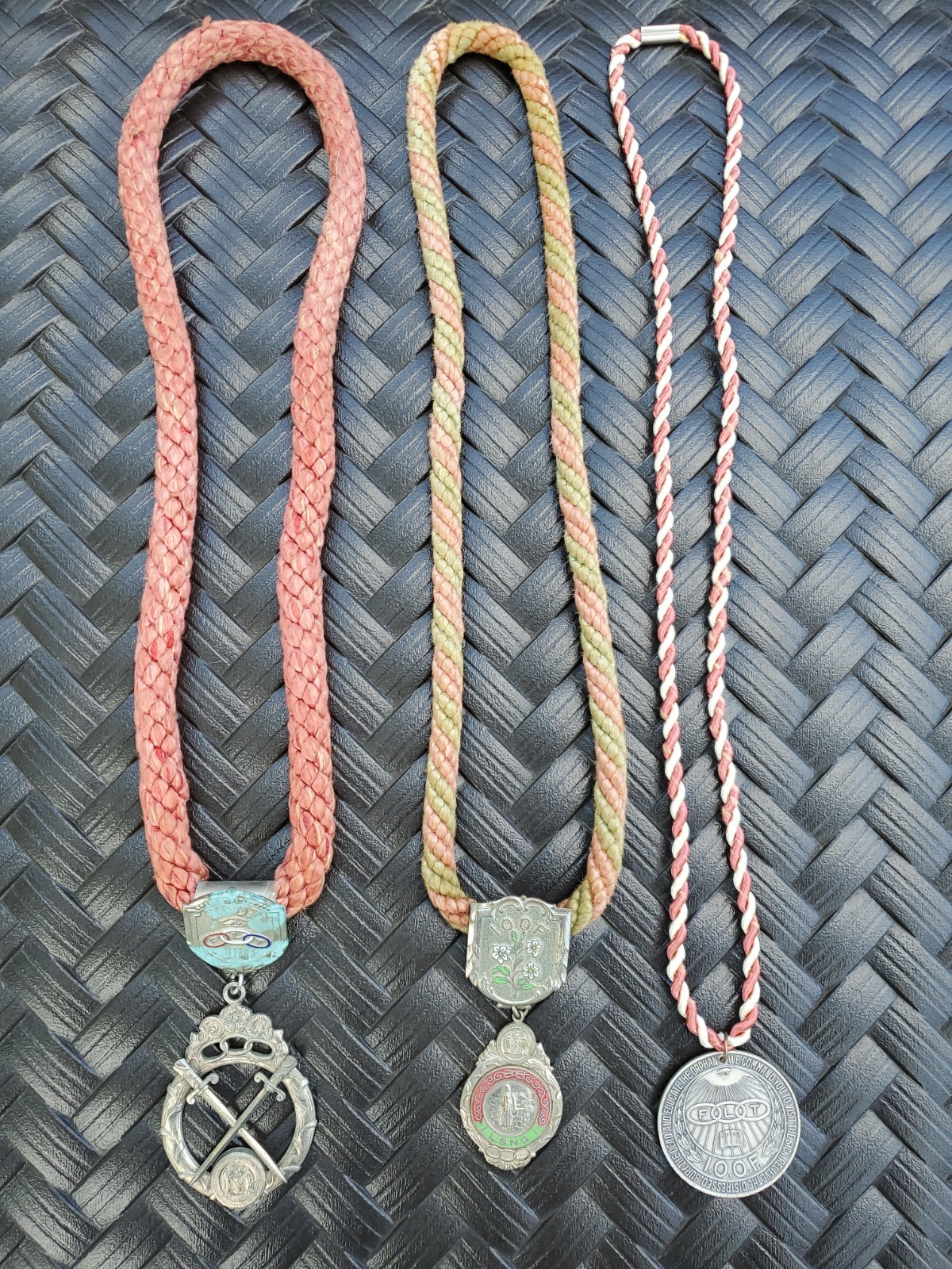 Lot Of 3 Antique Odd Fellows Cermonnial  Pendant Necklaces With Silk Rope Chain