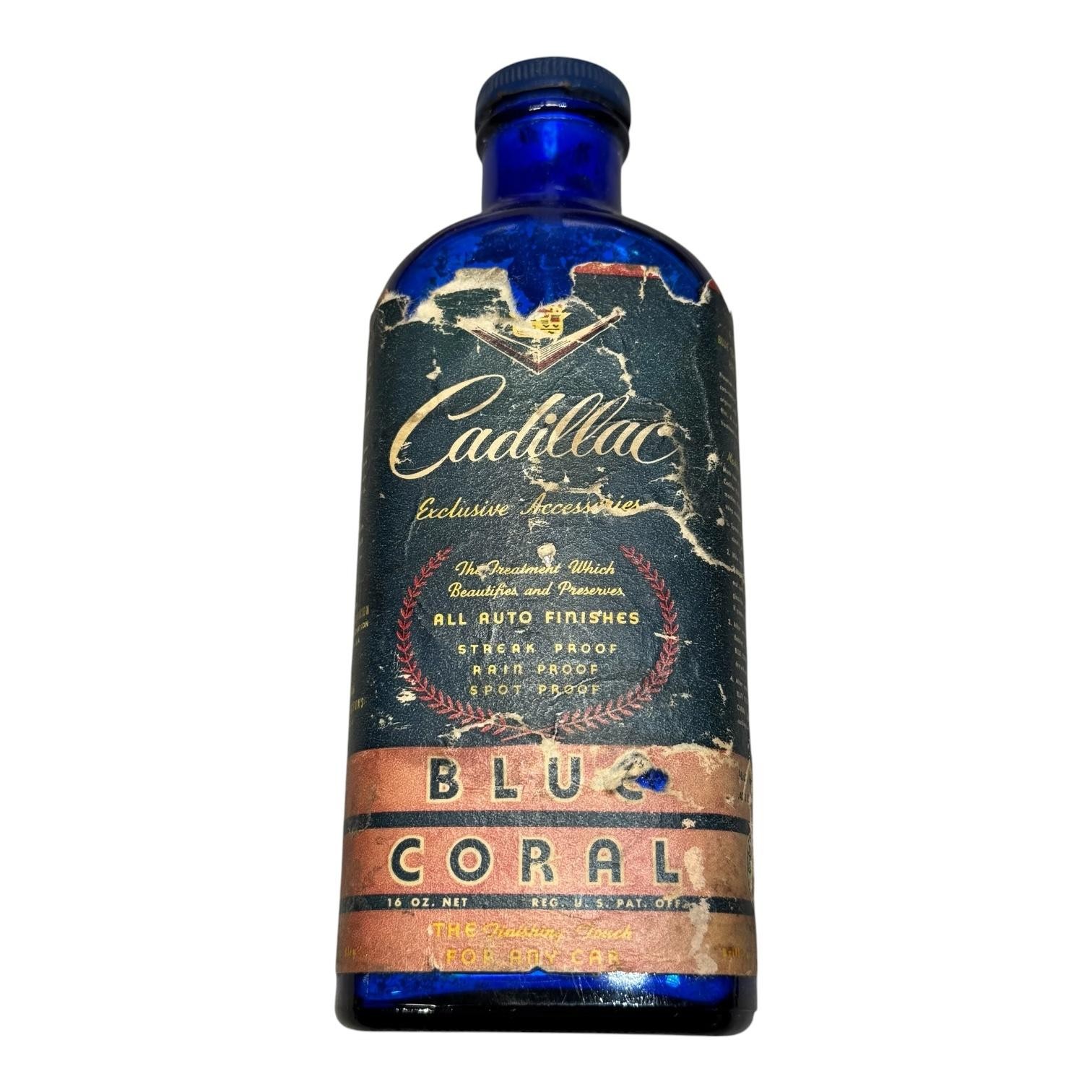 Vintage Cadillac Blue Coral Auto Finish Treatment Bottle 16oz Cobalt Blue Glass