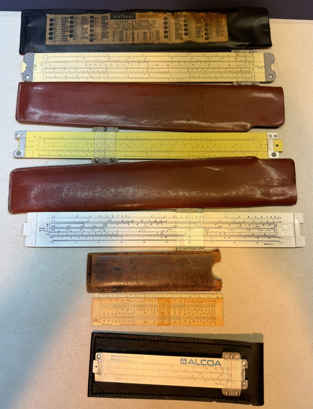 Lot of 5  Slide Rules Pickett N4-ES N1010-ES 120-T N200-T (ALCOA) Berville Paris