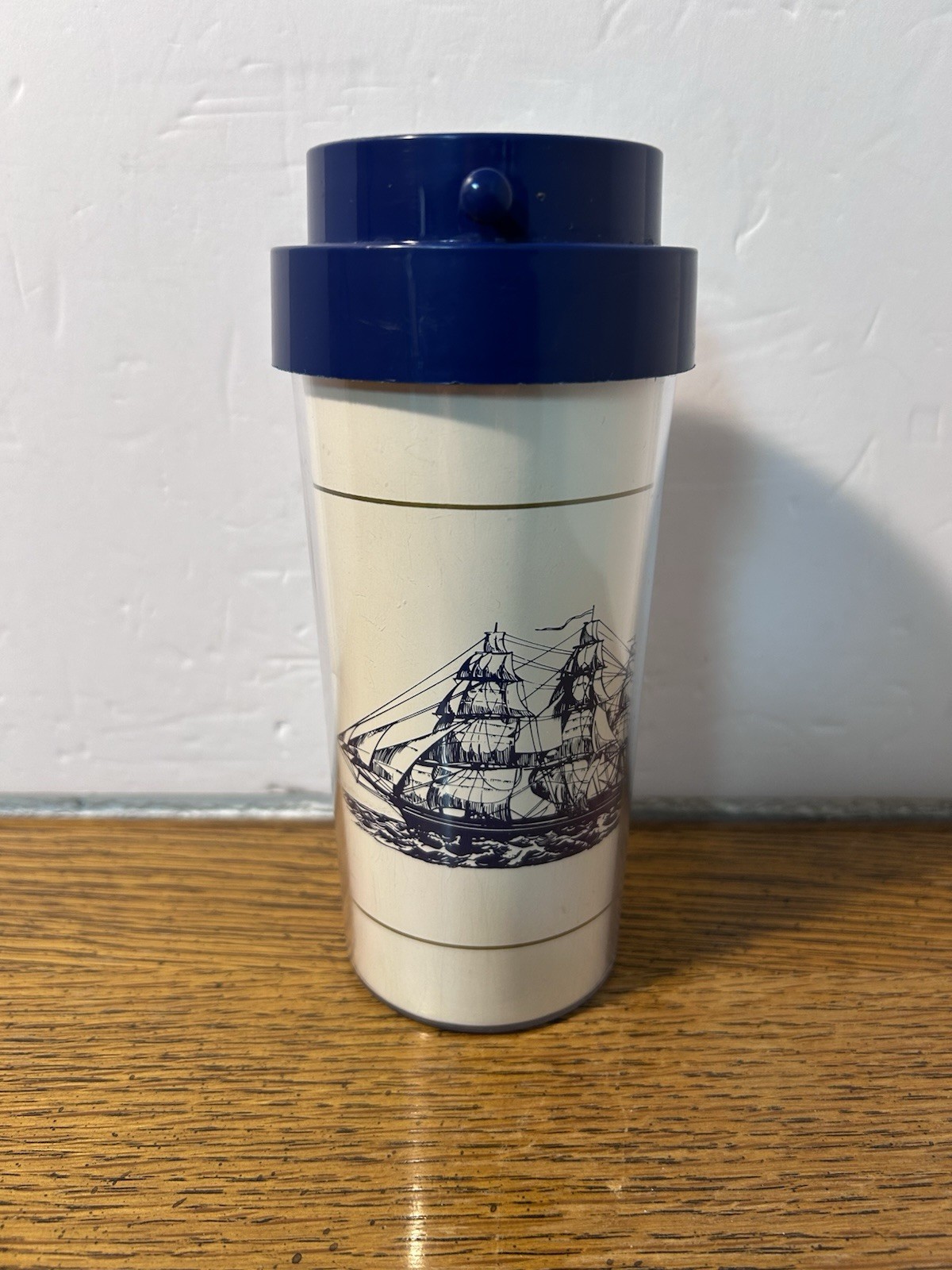 Vintage Thermo Serv Nautical Travel Mug Tumbler Blue Sailing Ship Clipper USA 7”