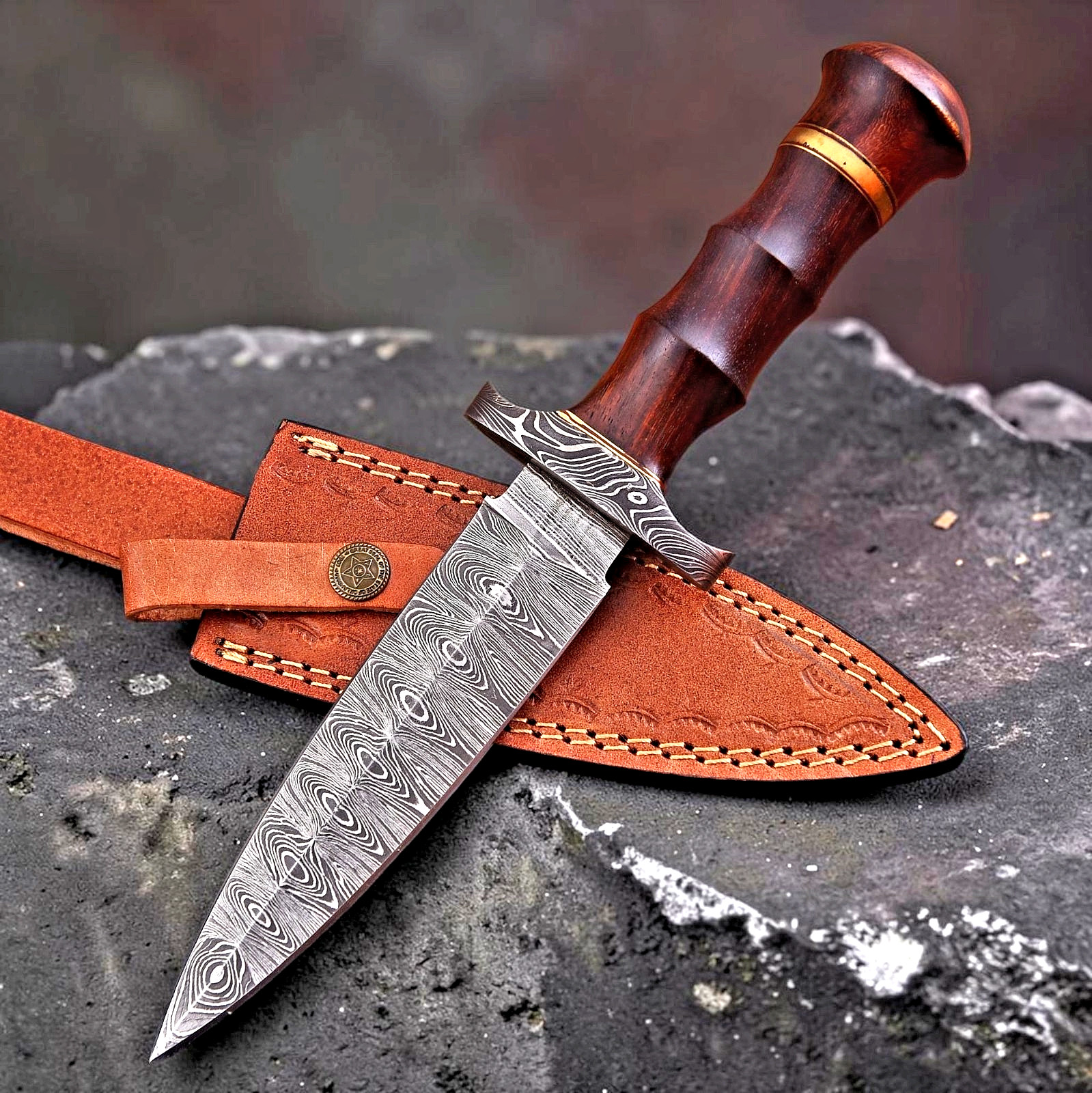 CUSTOM HAND MADE FORGED DAMASCUS STEEL HUNTING DAGGER KNIFE LEATHER SHEATH 2936