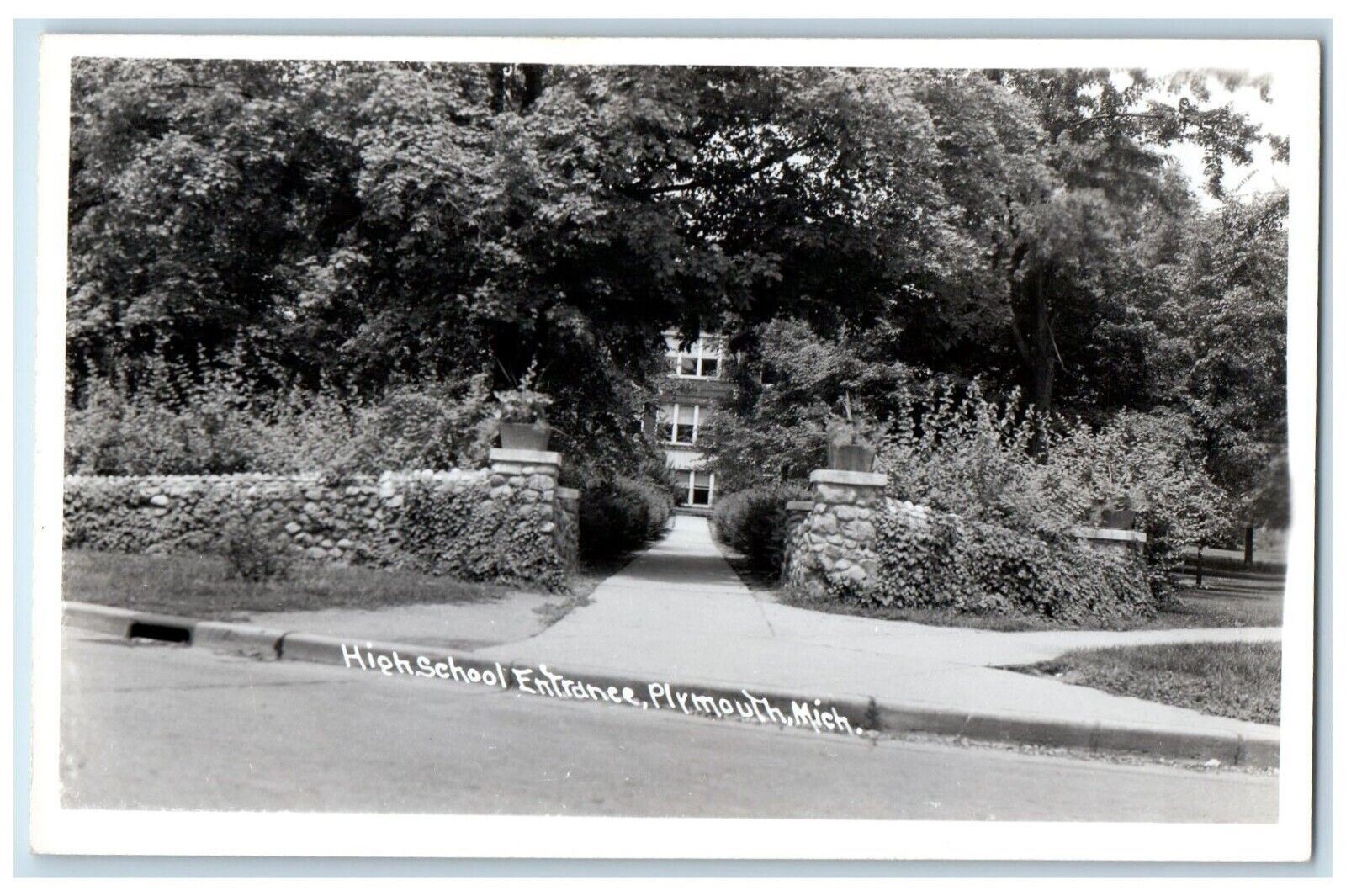 c1940\'s High School Entrance Plymouth Michigan MI RPPC Unposted Photo Postcard