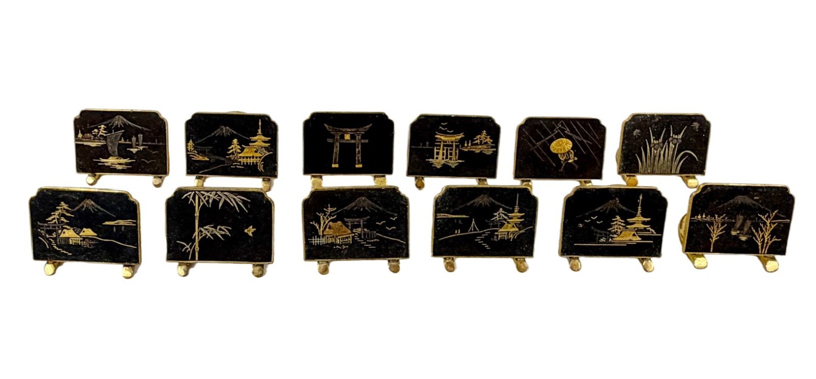 Vtg Mid-Century Japanese Damascene Napkin Rings & Place Card Holders - Set of 12