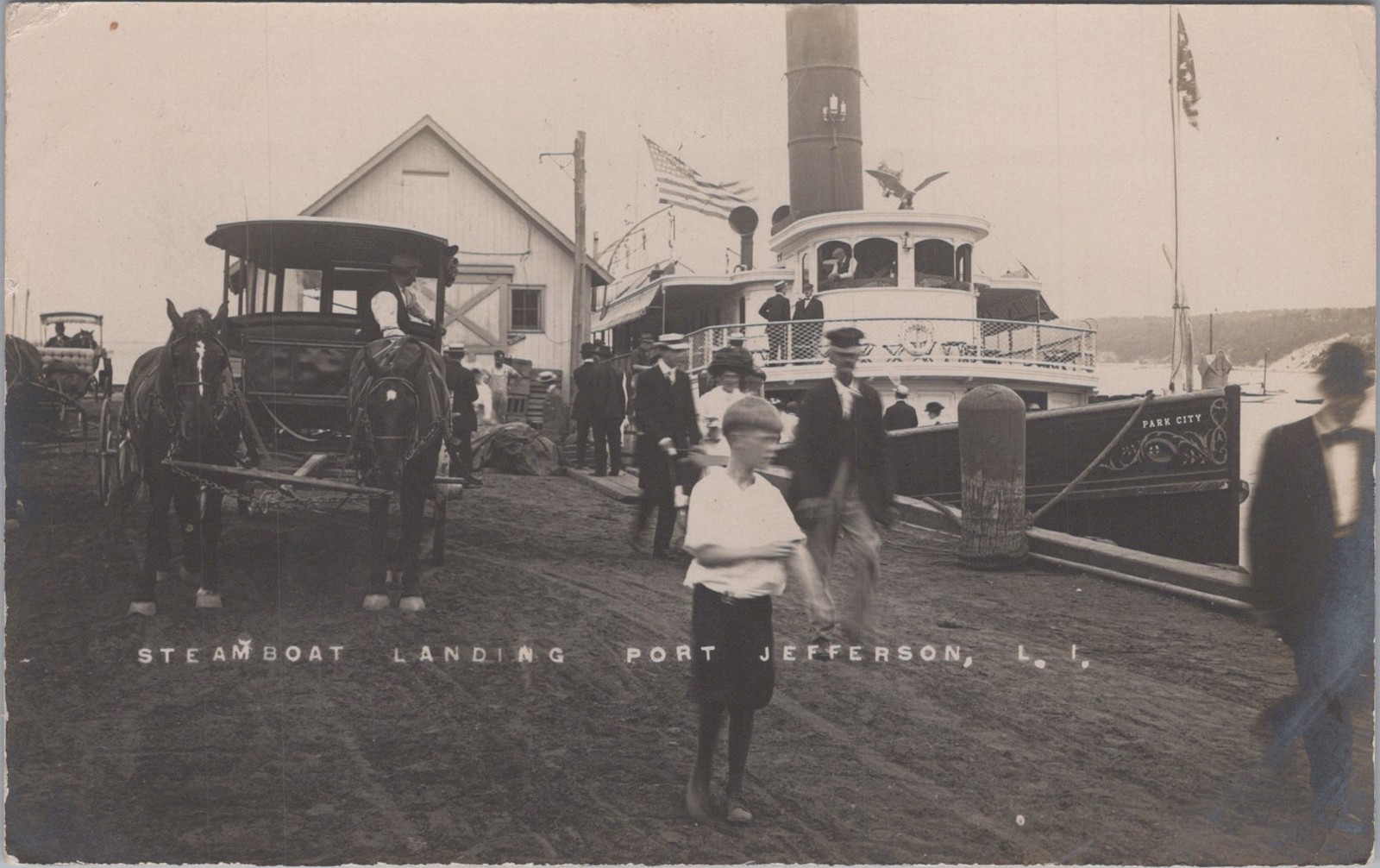 Steamboat Landing Port Jefferson New York NY Park City Wagon RPPC 1909 Postcard