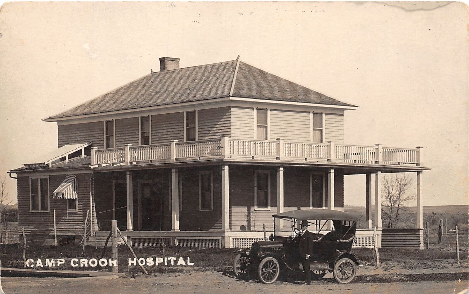 J3/ Camp Crook South Dakota Postcard RPPC c1910 Hospital Building Auto 169