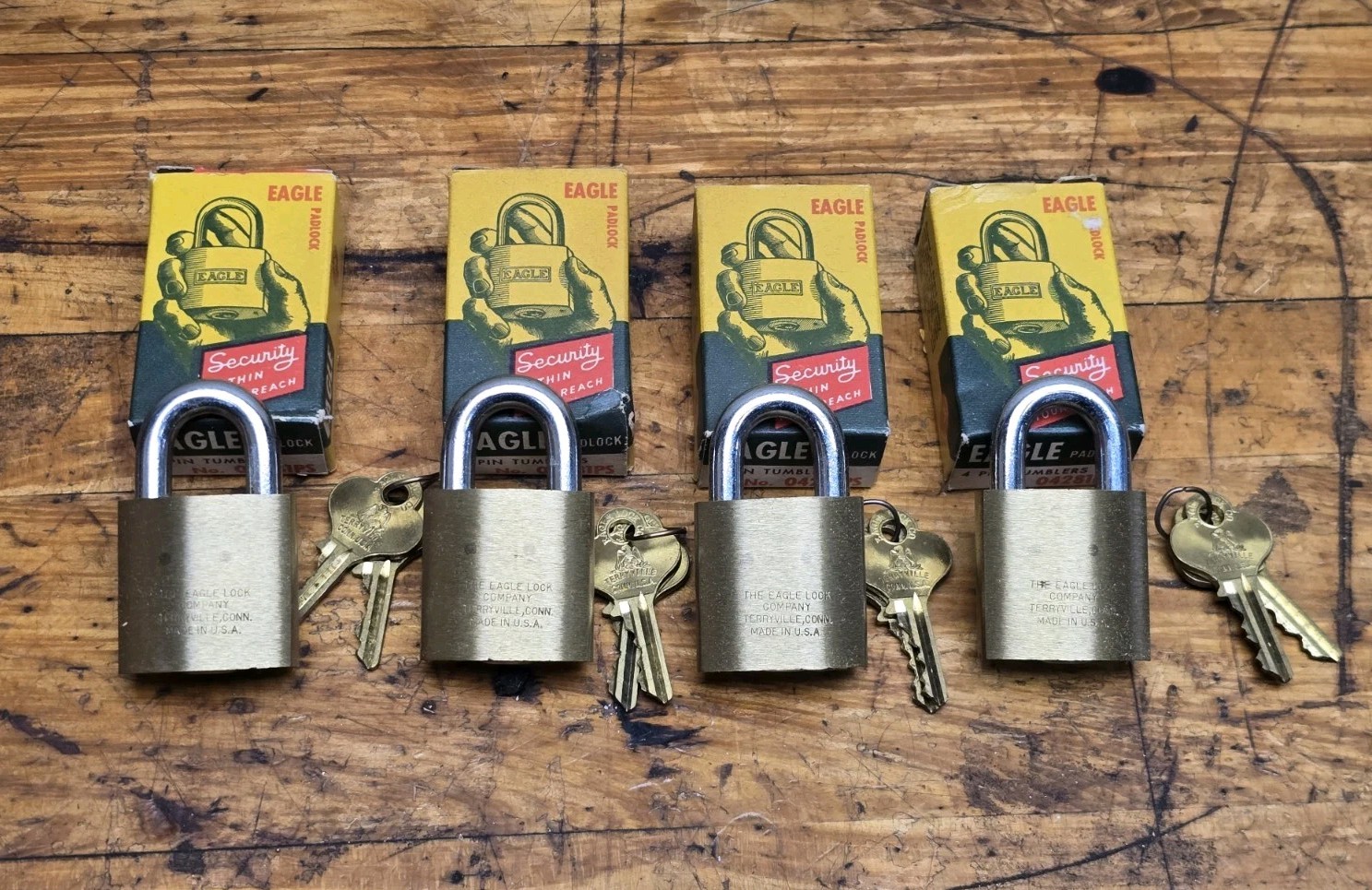 NOS Eagle Lock Co Brass Padlocks With Keys 4 Pin Tumblers 04281PS Lot Of 4 NEW