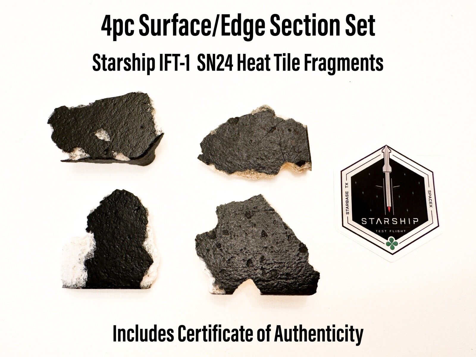 SpaceX Starship SN24 S24Heat Shield Tile Fragments w/ Logo Sticker - 4 Piece set