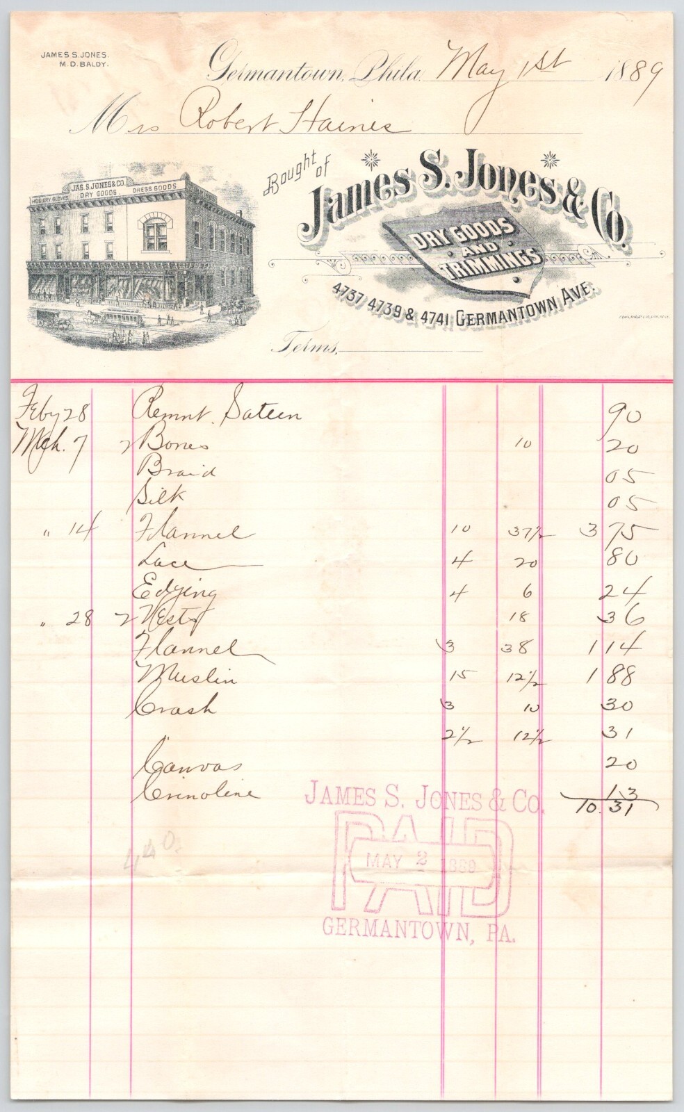 1889 Jame S Jones & Co Dry Goods Trimmings Germantown Phila PA Billhead