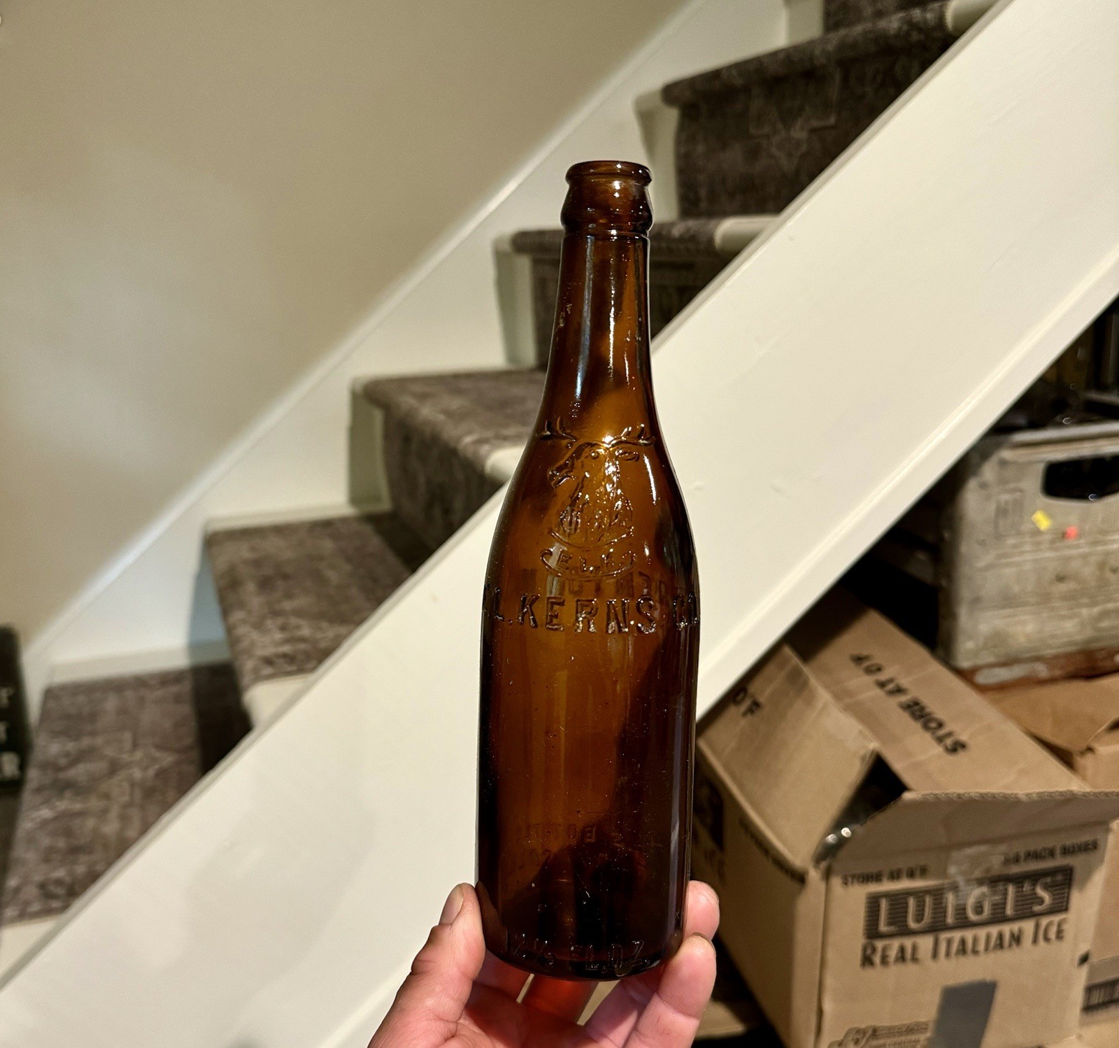 E L Kerns Co Trenton NJ Pre-Pro Beer Bottle Emb Pictorial Elk 1910s Amber Nice