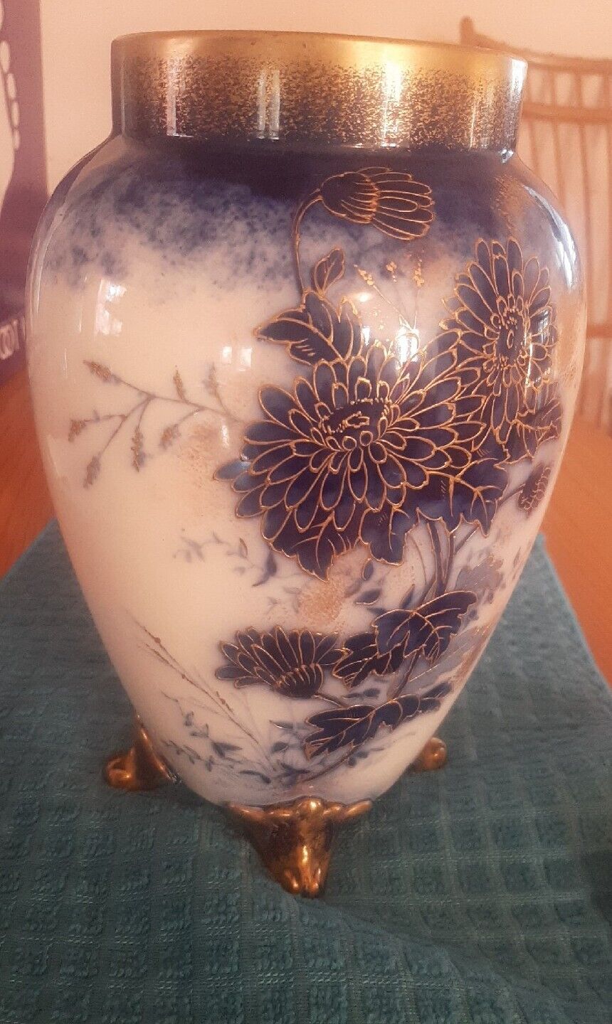 Antique W & R Stoke on Trent Blue and Gold Footed Vase, Nice
