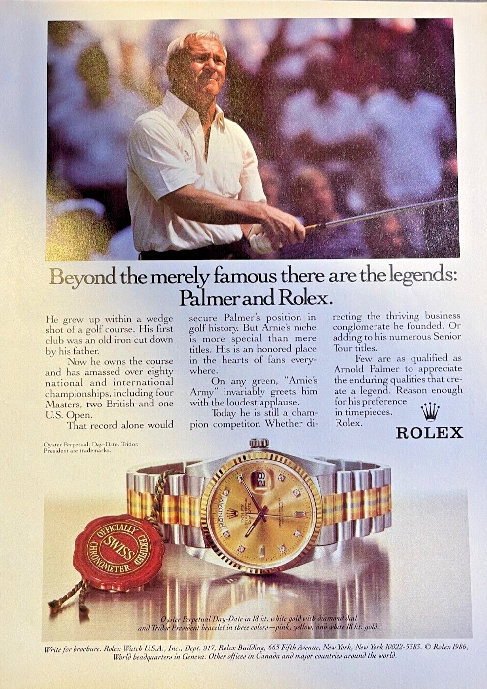 1986 Magazine Advertisement Rolex Golfer Arnold Palmer