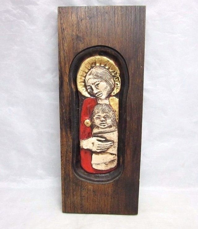 Mid Century wood, ceramic tile plaque. Madonna & Child 
