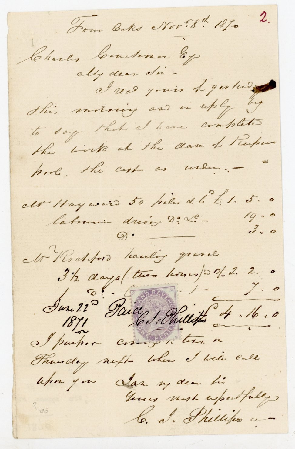 1870 Antique Handwritten Receipt Letter Dam Work Piles Gravel Penny Stamp
