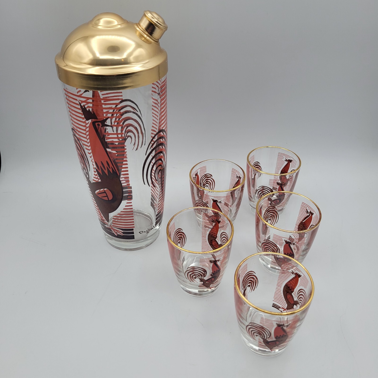 DYBALL Barware Set Cocktail Shaker Double Shot Glasses (5) Rooster Retro MCM
