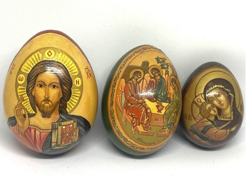 Lot 3 Easter Eggs Orthodox Religion Jesus Mary, Wooden Eggs, Hand Painted
