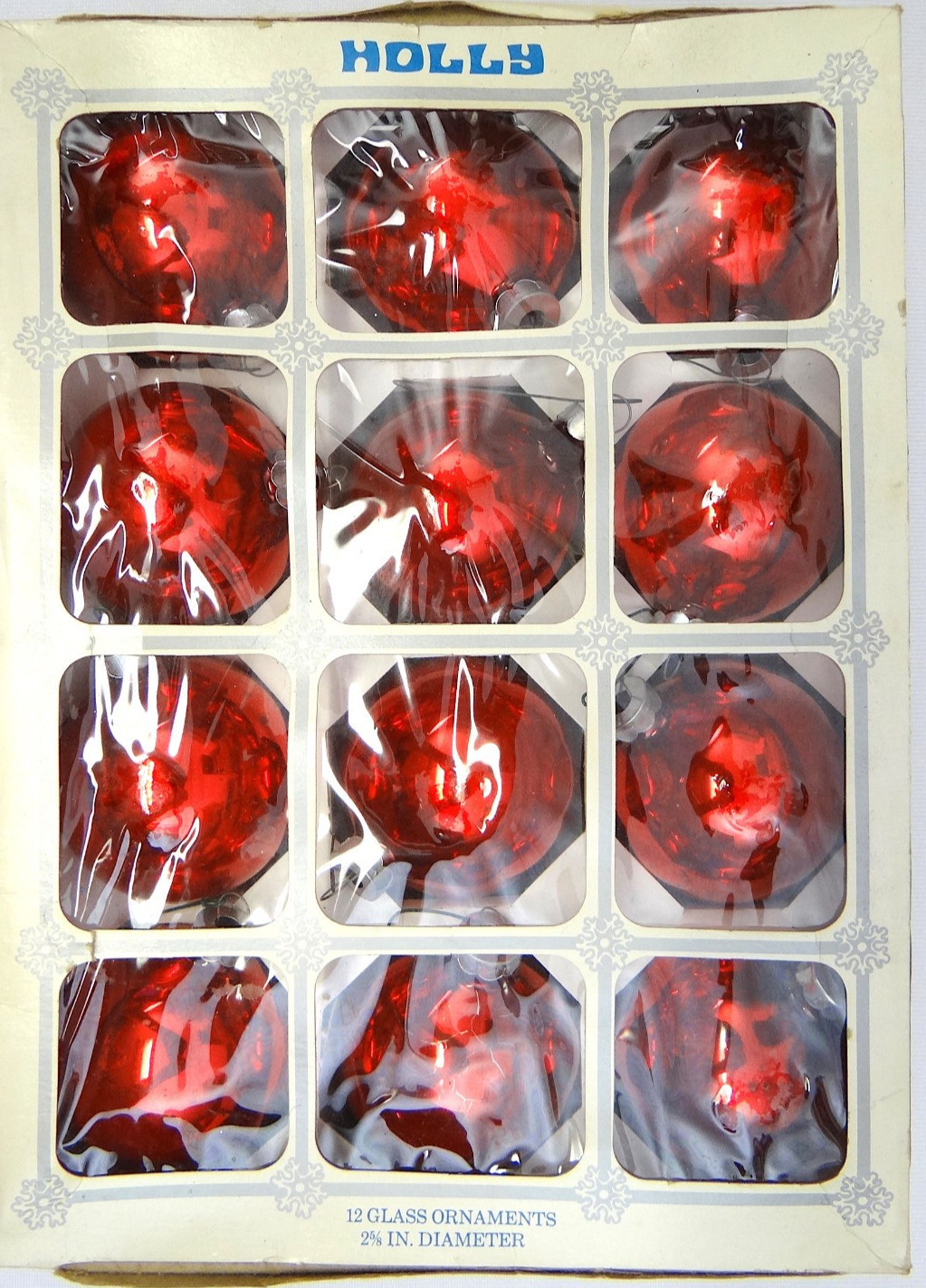 Vtg Box Larger Shiny Bright Red Glass Christmas Ornaments Holly 12pc 2-5/8