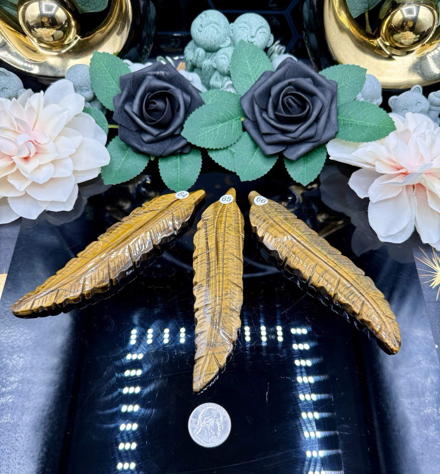 Natural Yellow Tigers Eye Carved Feathers Beautiful detail 