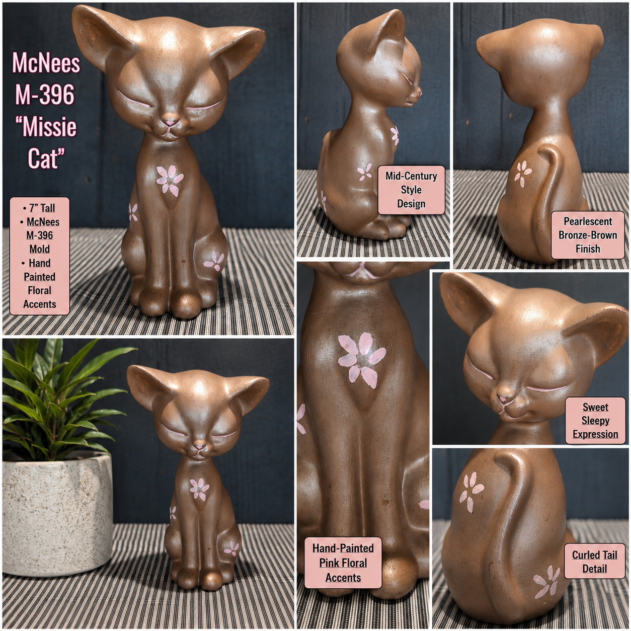 Vintage McNees M-396 Missie Cat Ceramic Figurine H Mc Pink Floral 7\