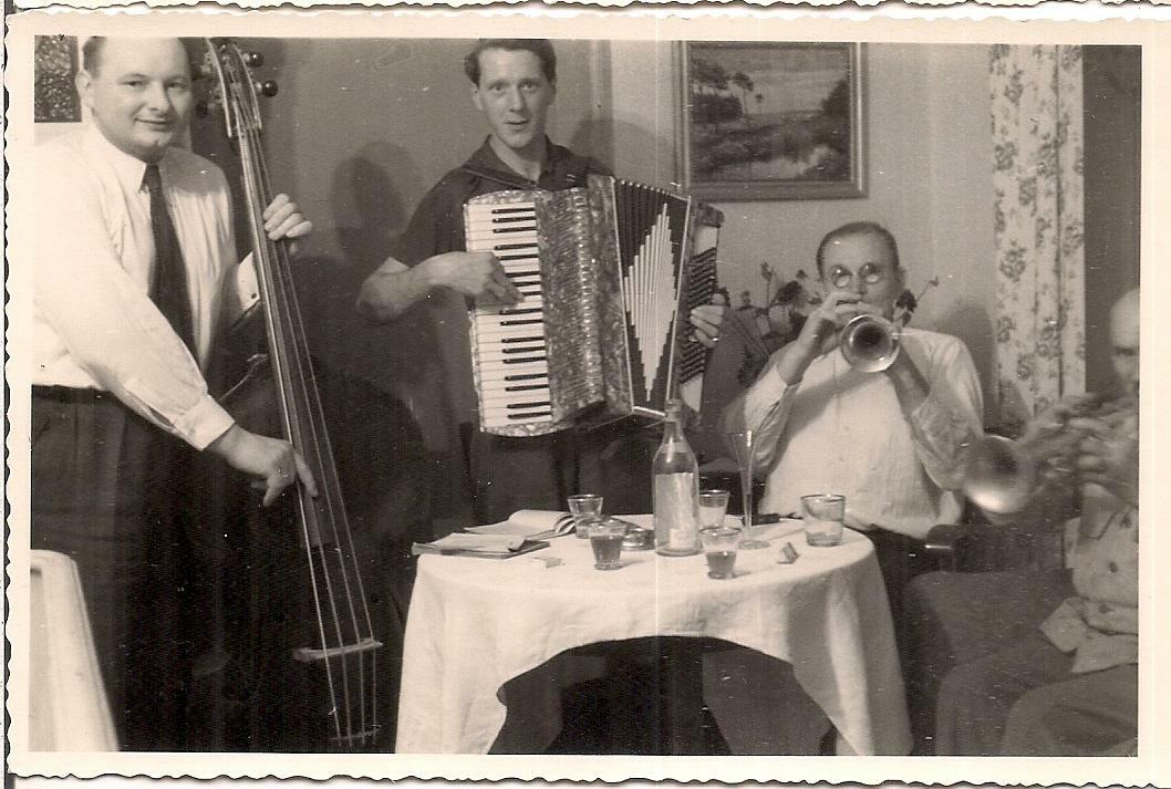 Drinking Men Playing Music Instruments Bass Accordion Trumpet Vintage 1953 Photo