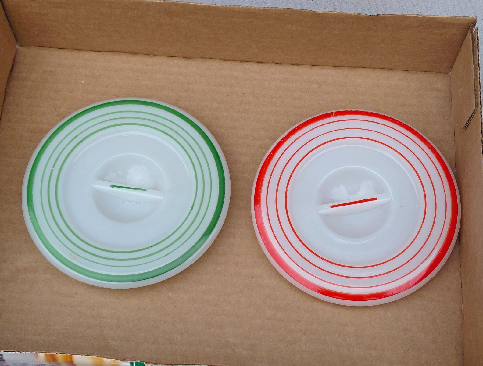 Vintage Hazel Atlas Candy Stripe Milk Glass Jar Lids Green Red