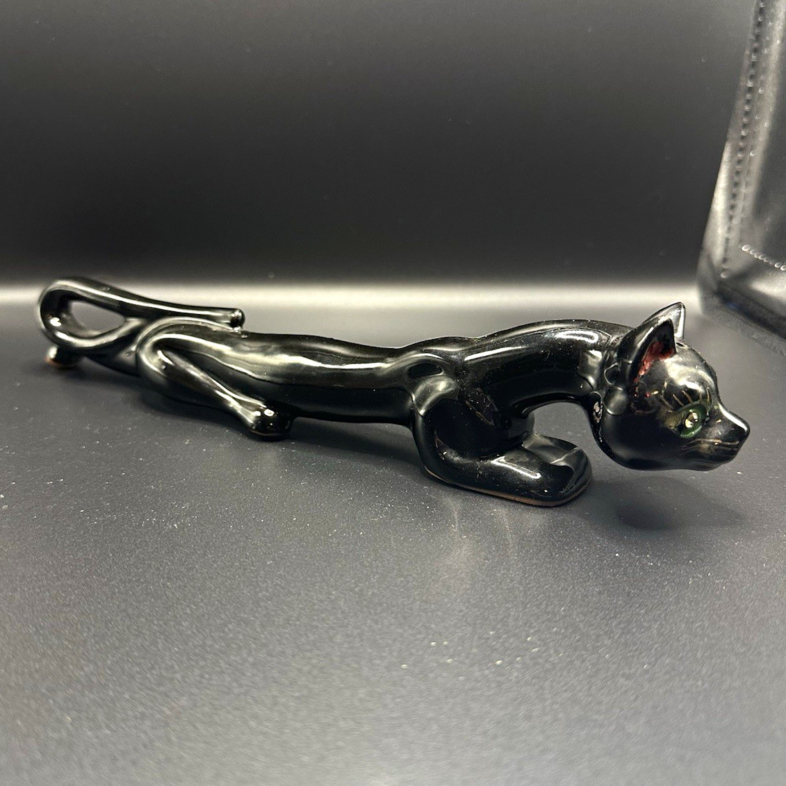 Ceramic Black Cat Salt & Pepper Shaker Set with Green Eyes, Red Accents