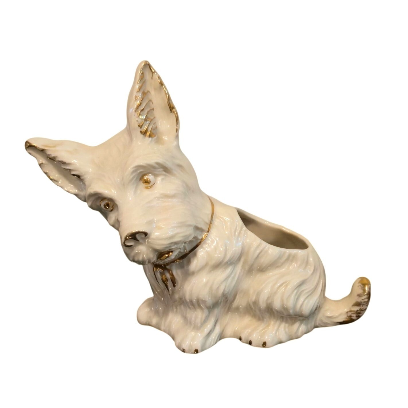 Vintage Scottish Terrier planter Dog  Scottie figural white ceramic gold trim
