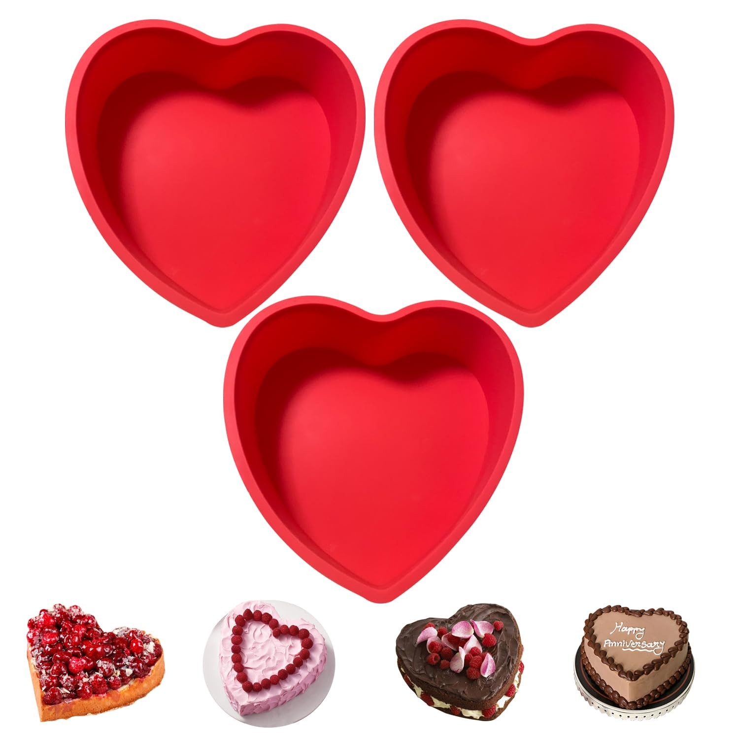 Heart Shaped Cake Pans, 3pcs 6 Inch Silicone Cake Pan for Baking, Heart Molds...
