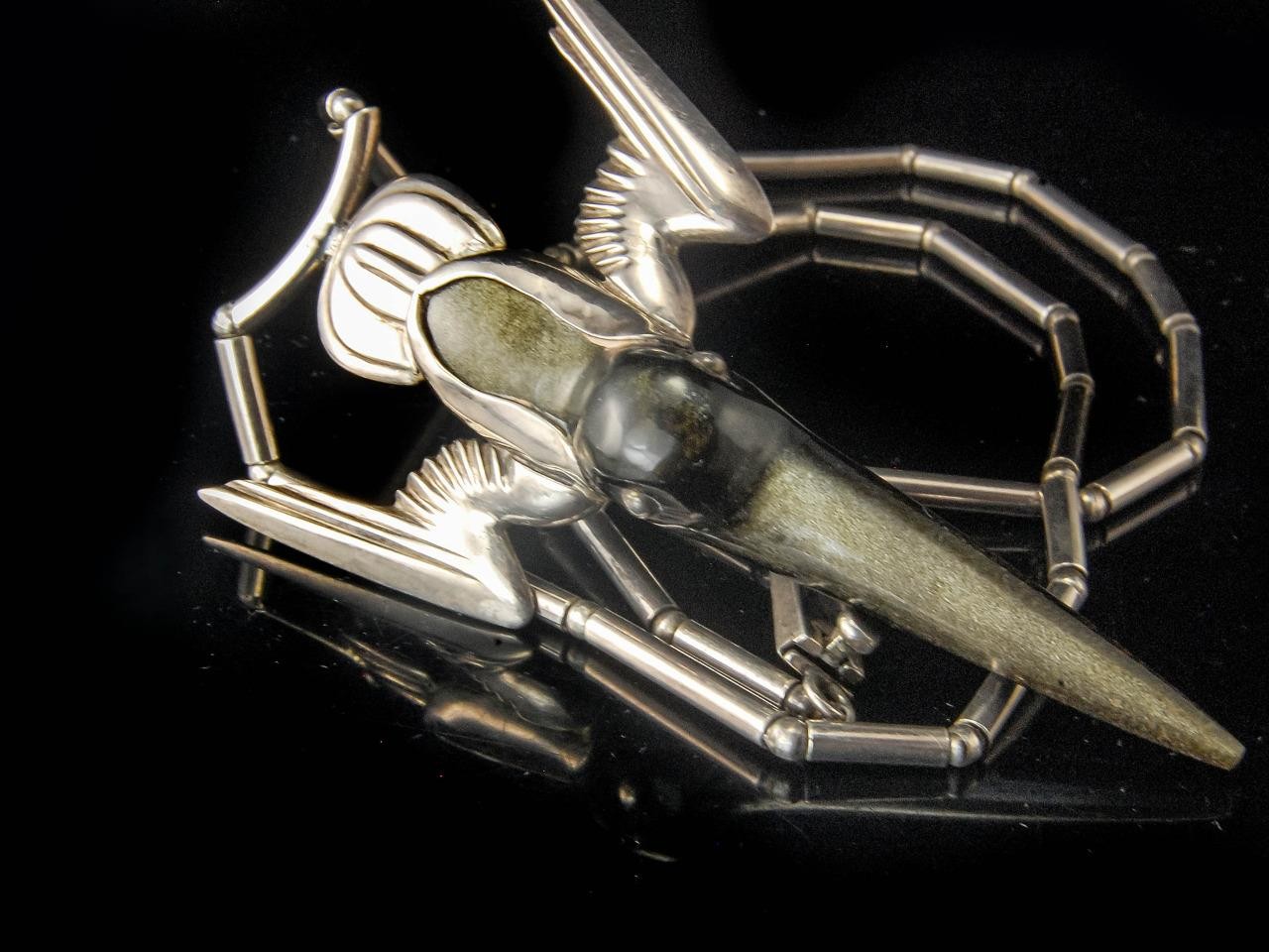VINTAGE TAXCO MEXICAN SPRATLING STYLE OBSIDIAN STERLING HUMMING BIRD NECKLACE