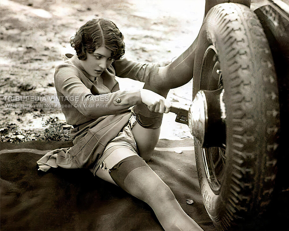 Vintage Woman in Stockings Changing Car Tire 1930s Studio Biederer 8x10 Photo