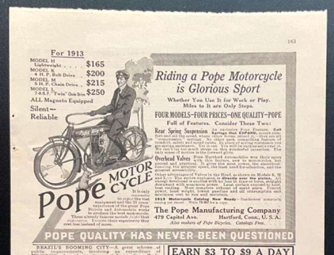 1913 Pope Motorcycle print AD “Riding a Pope Motorcycle is Glorious Sport\