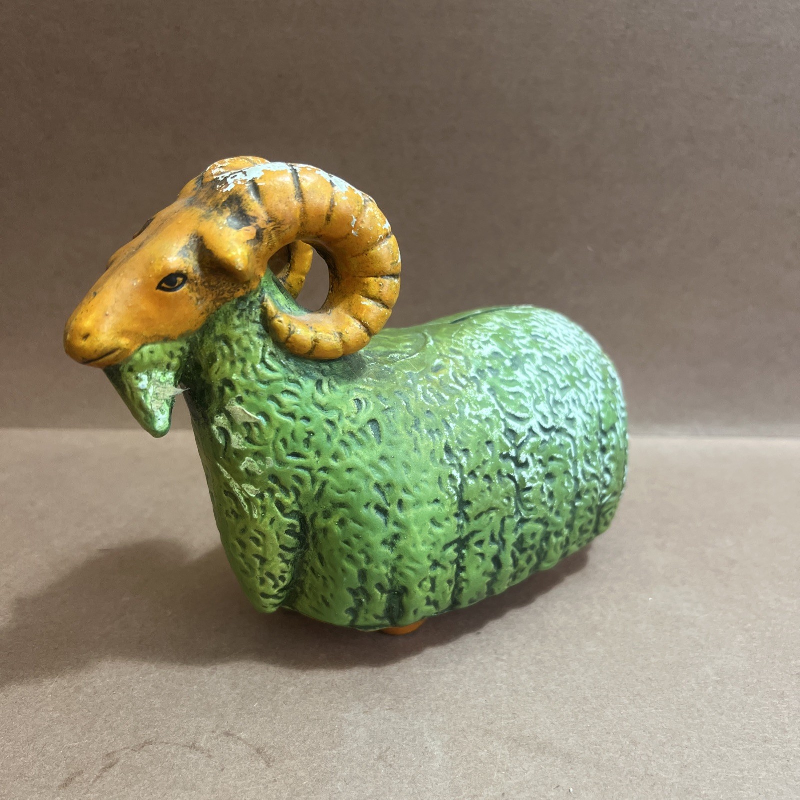 MID-CENTURY Green and Orange Ram Goat Aries Piggy BANK DAMAGED