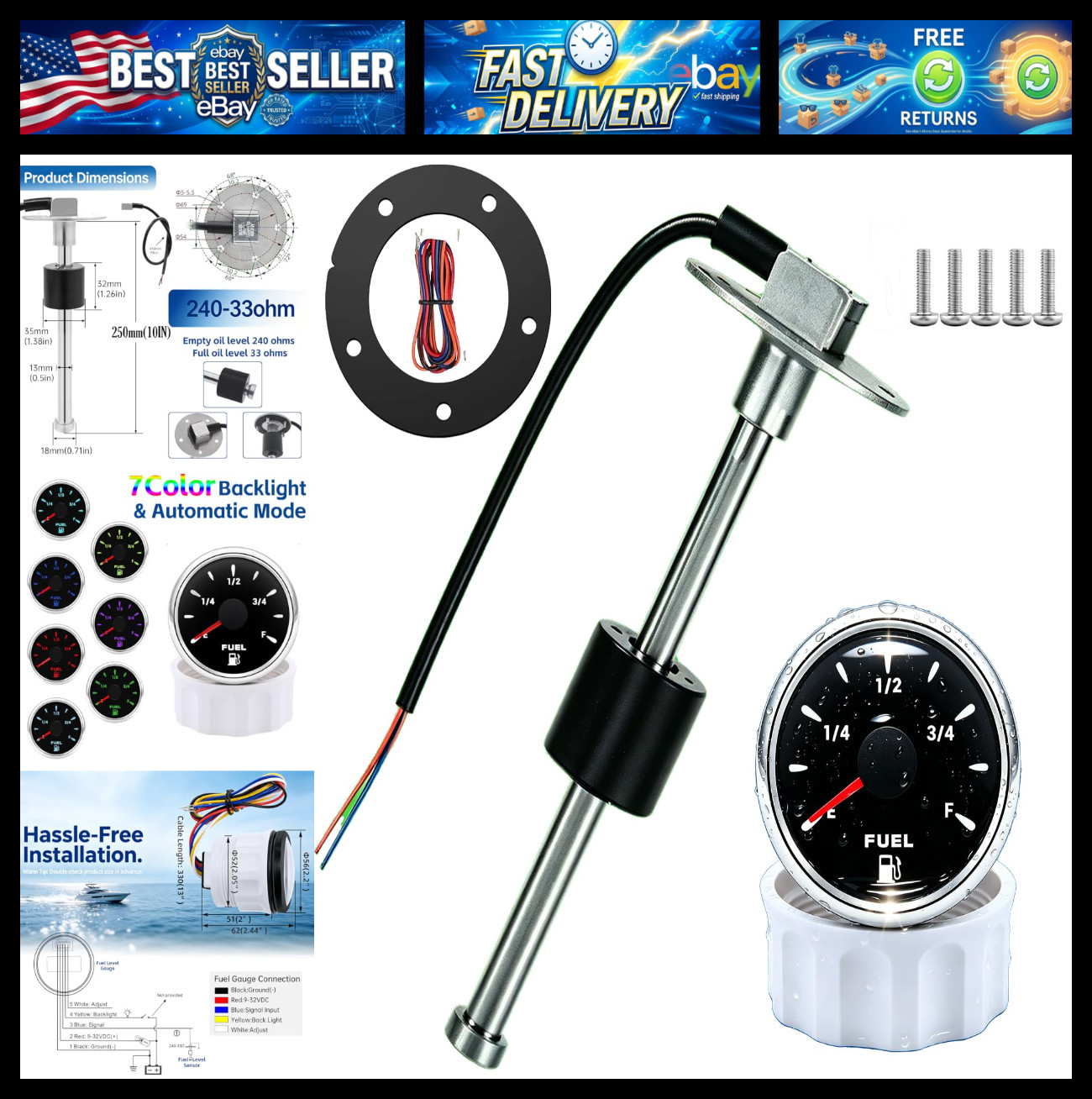 CHOEGIE Fuel Sending Unit and Gauge Kit 240-33ohms 10\
