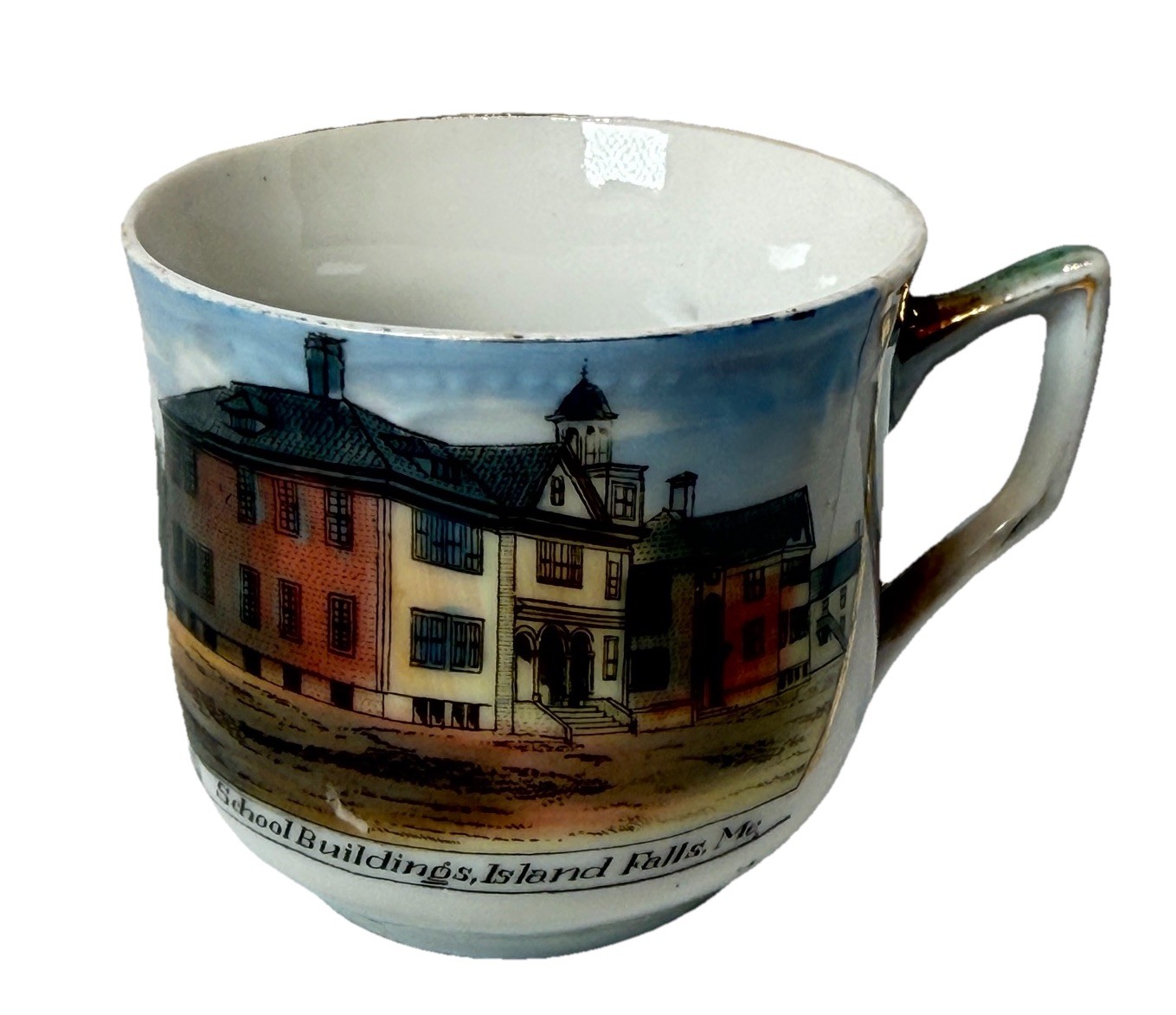 ISLAND FALLS MAINE ME Antique SCHOOL BUILDING Souvenir CHINA TRINKET TEA CUP ISLAND FALLS MAINE ME Antique SCHOOL BUILDING Souvenir CHINA TRINKET TEA CUP