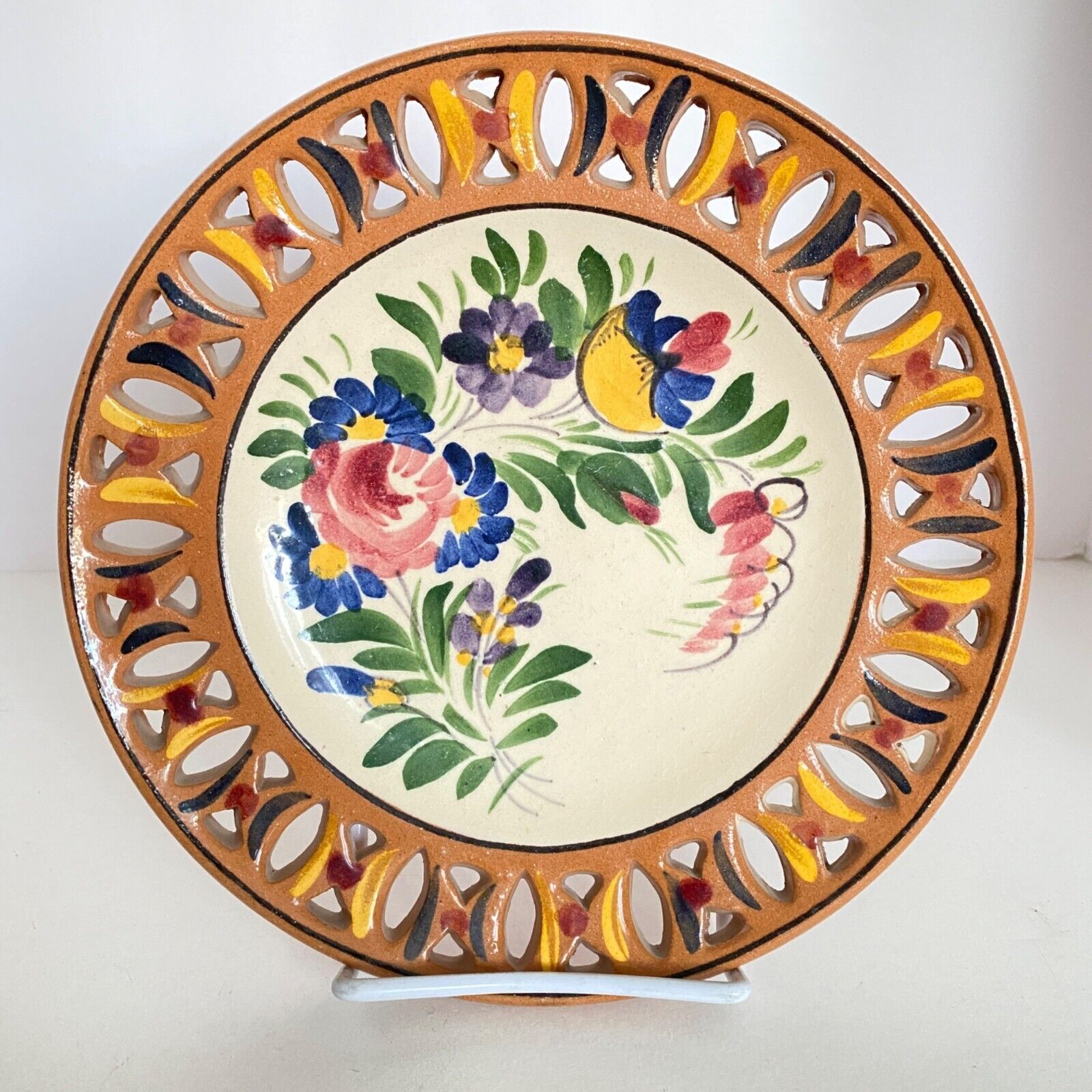 Folk Flowers Hand Painted Terracotta Hanging Wall Plate Reticulated Pierced Edge