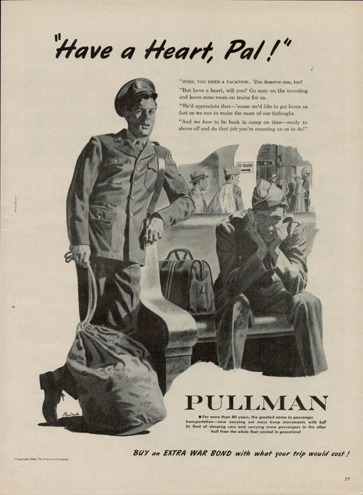 1944 Train Rail Pullman Sleeper Cars 1940s Vintage Print Ad War Soldiers Buy Bon