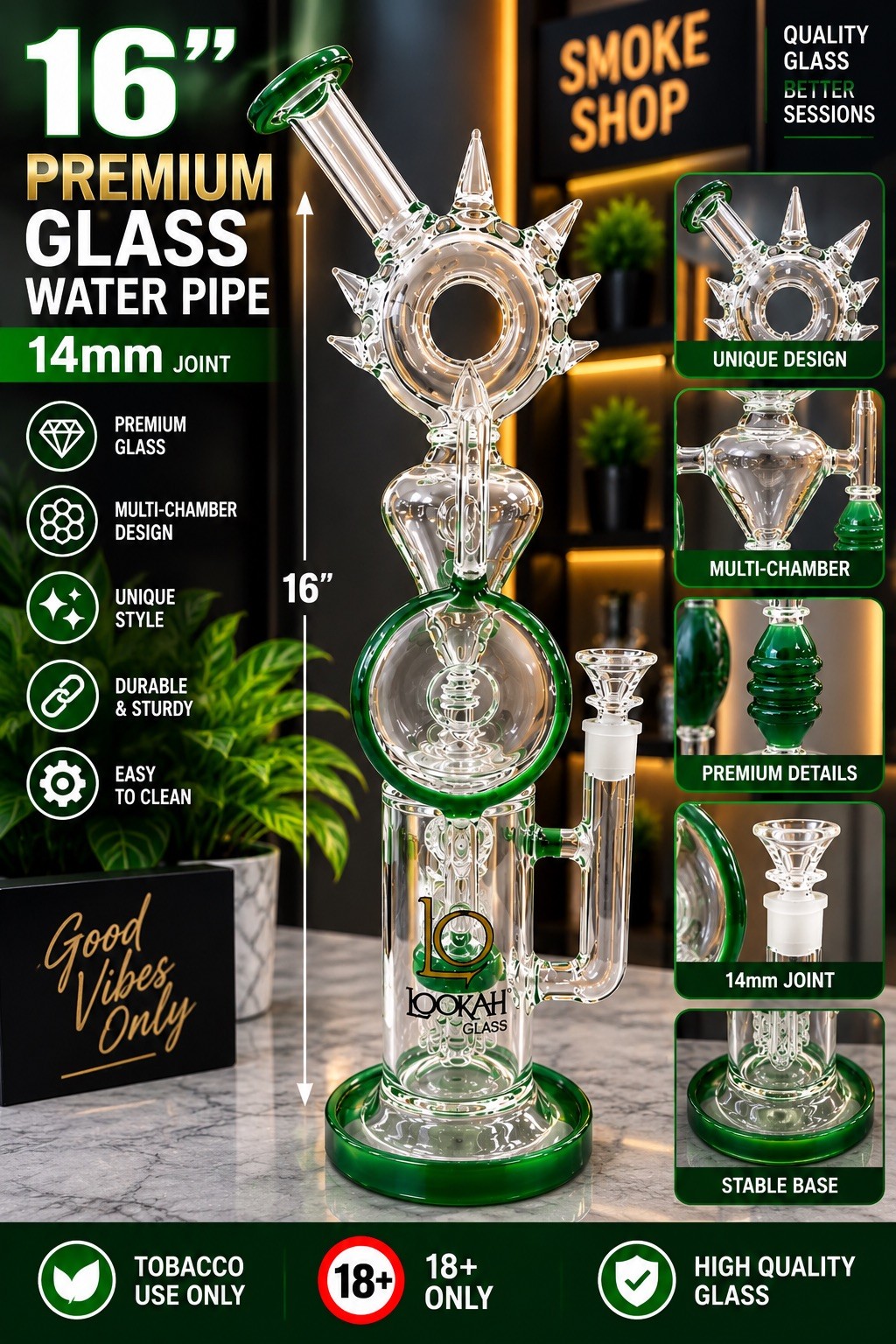 16” Premium Glass Water Pipe🔥14mm🔥Green Accent – Multi-Chamber Design🔥18+
