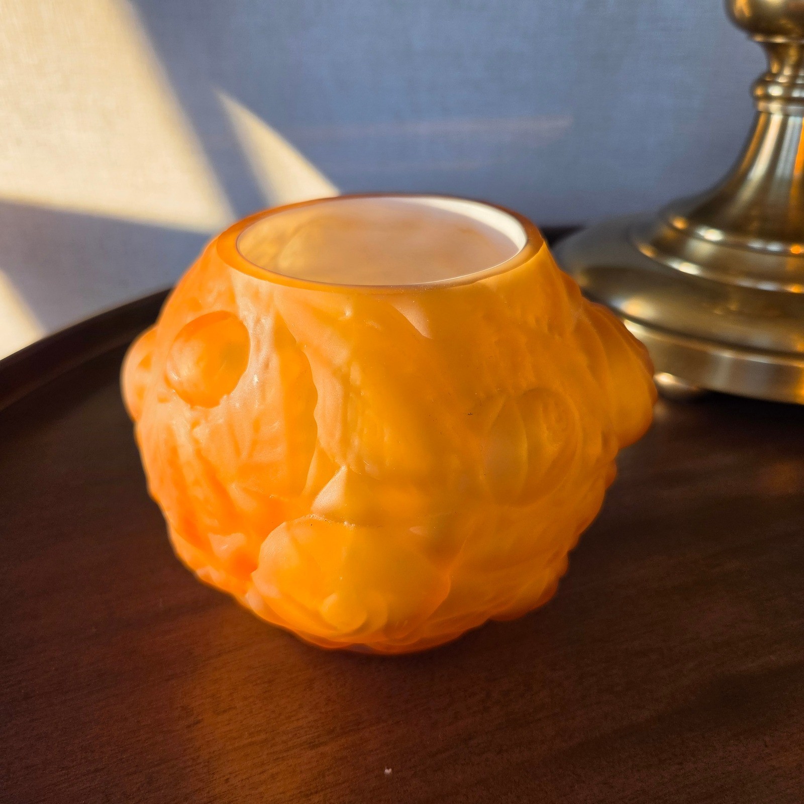 Vintage Orange Frosted Satin Glass Rose Floral Votive Candle Holder Bowl 4