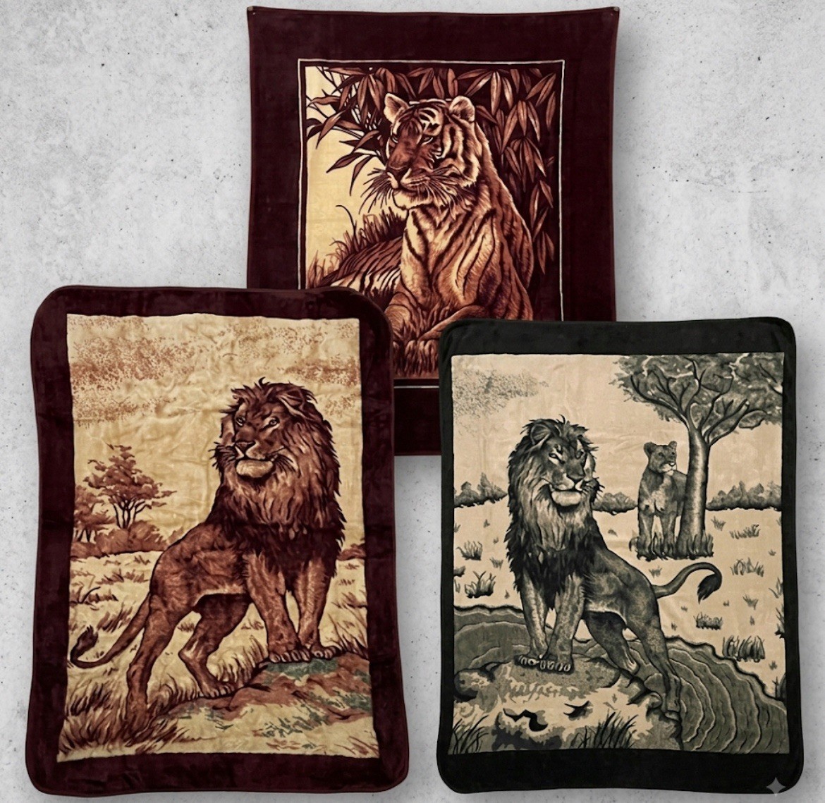Lot of 3 Vintage San Marcos Mexico Animal Plush Fleece  Blankets Lions Tiger 