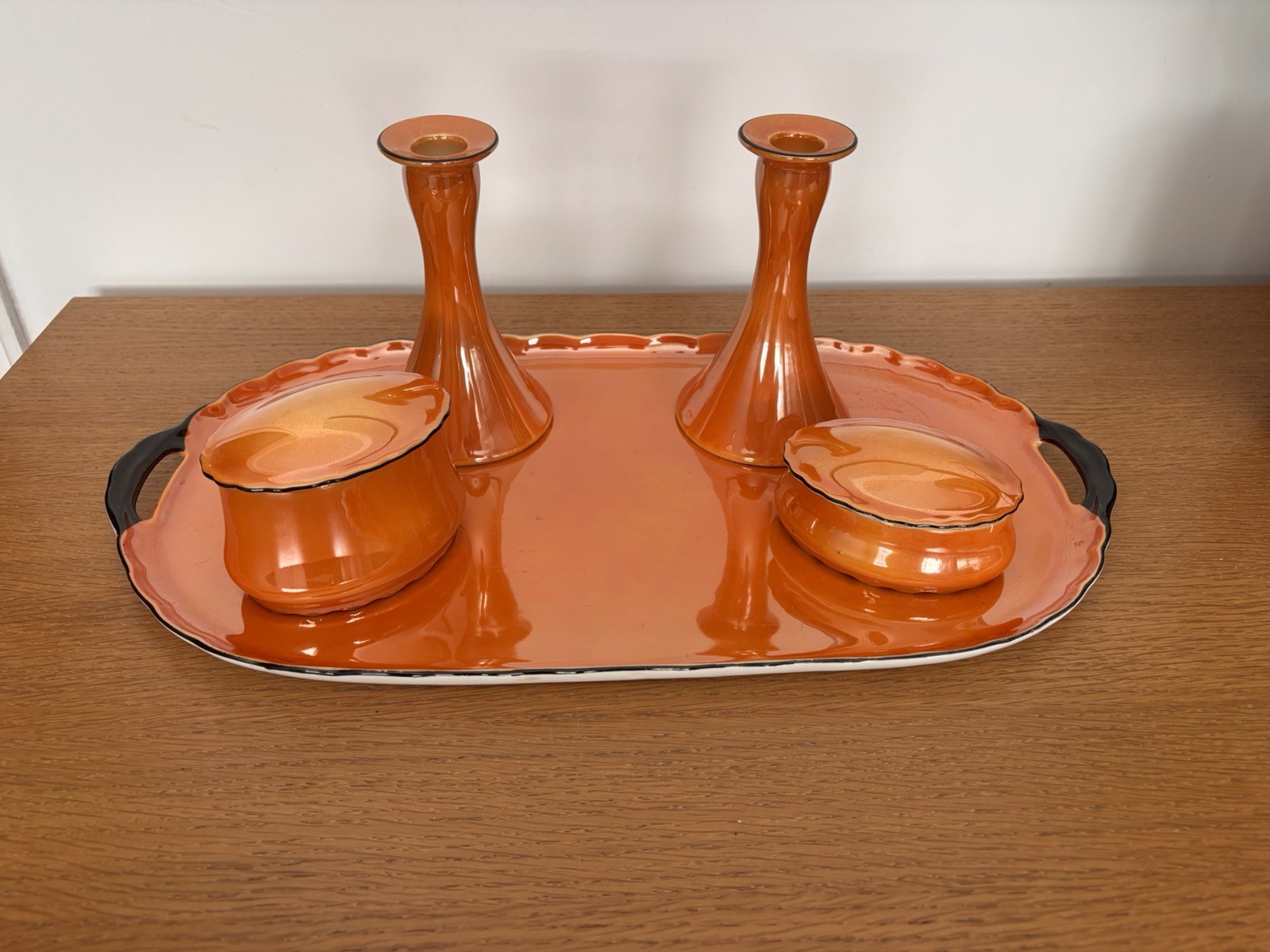 Art Deco Victoria Czechoslovakia Orange Lusterware Porcelain Vanity Set 1930s