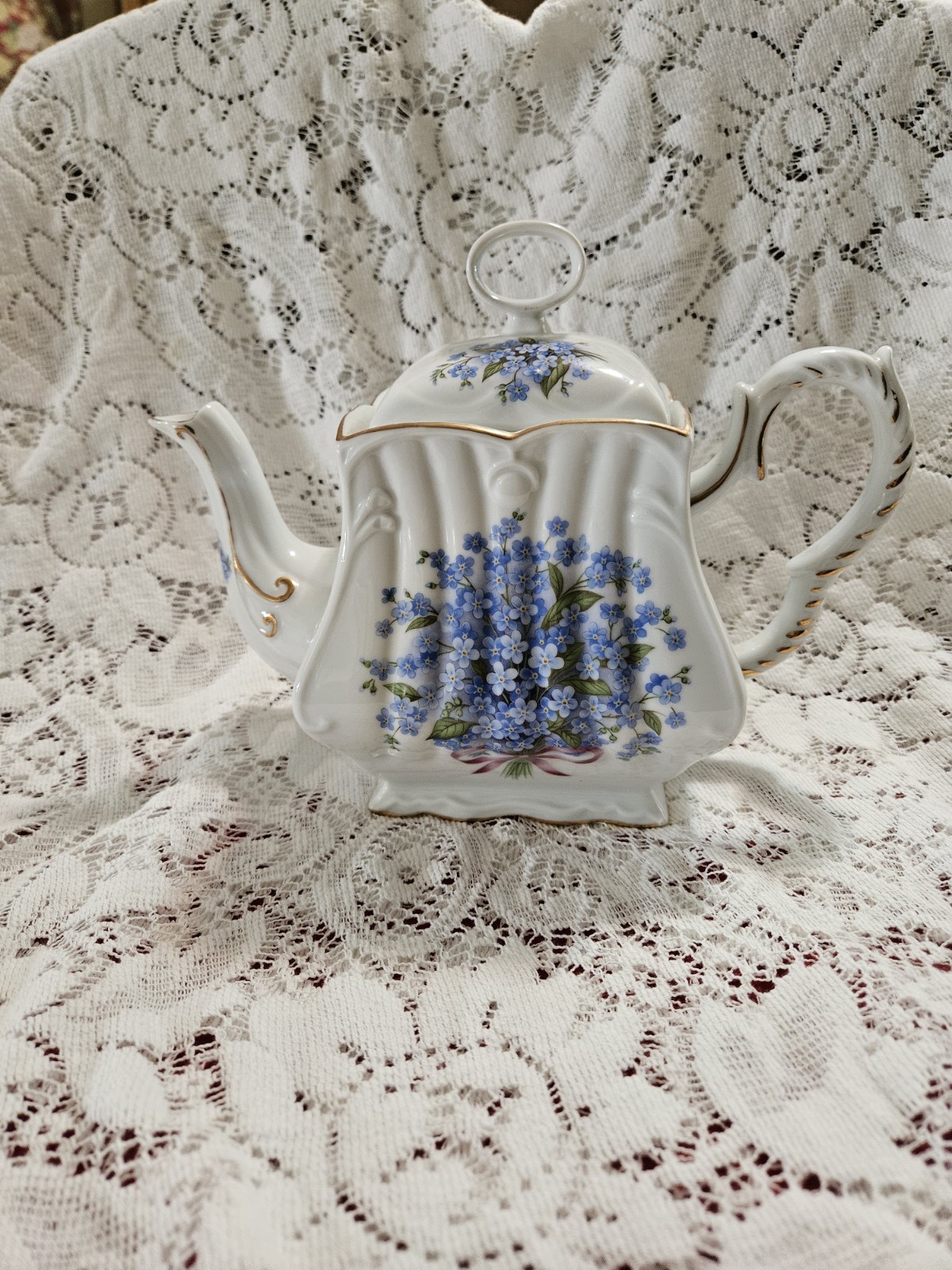 Vintage Teapot Blue Floral With Gold Accents