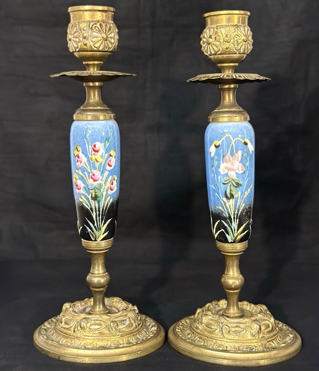 ANTIQUE FRENCH PAIR OF GILT BRASS HAND PAINTED PORCELAIN 8