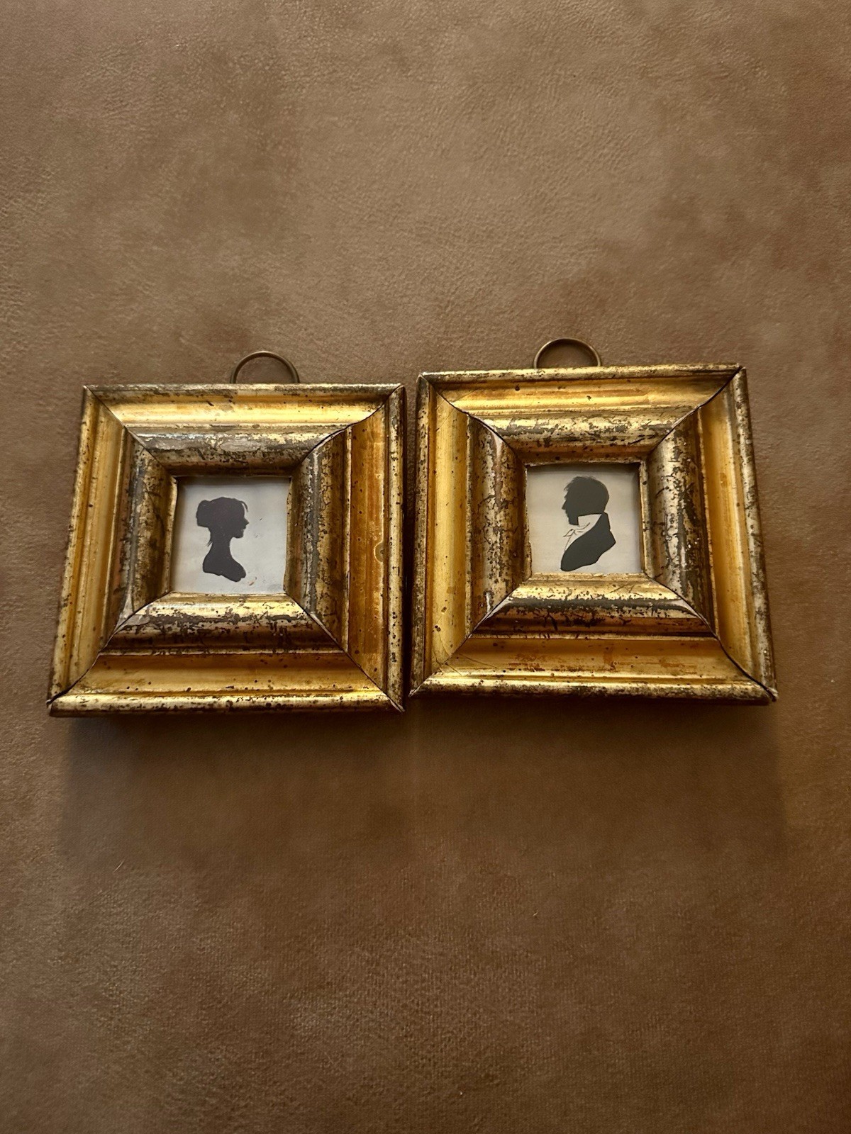 Antique Pair Hollow Cut Silhouettes Man Woman Gilt Frames c.1820 Folk Art 4”x4”