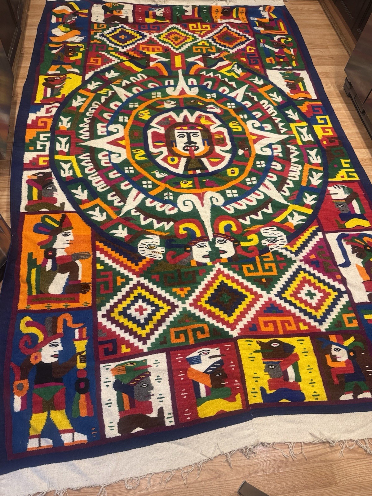 Vintage Mexican Zapotec Rug 73x123 Hand Woven Aztec Calendar Wool Tapestry Art