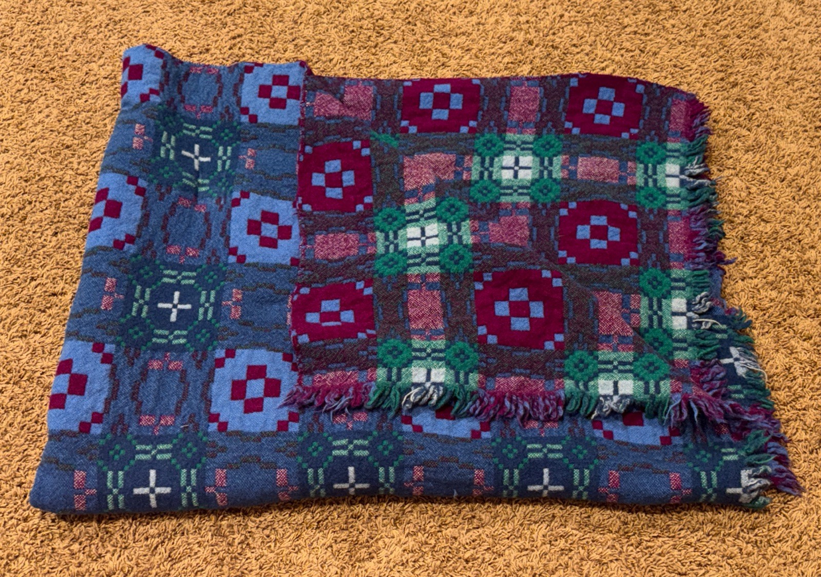 Vintage Welsh Wool Tapestry Blanket Reversible 72x84 Mid Century Bedspread