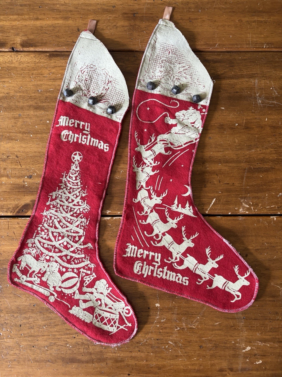 Pair Vintage 1940s 40s Christmas Felt Stocking Jingle Bells Santa Claus Reindeer