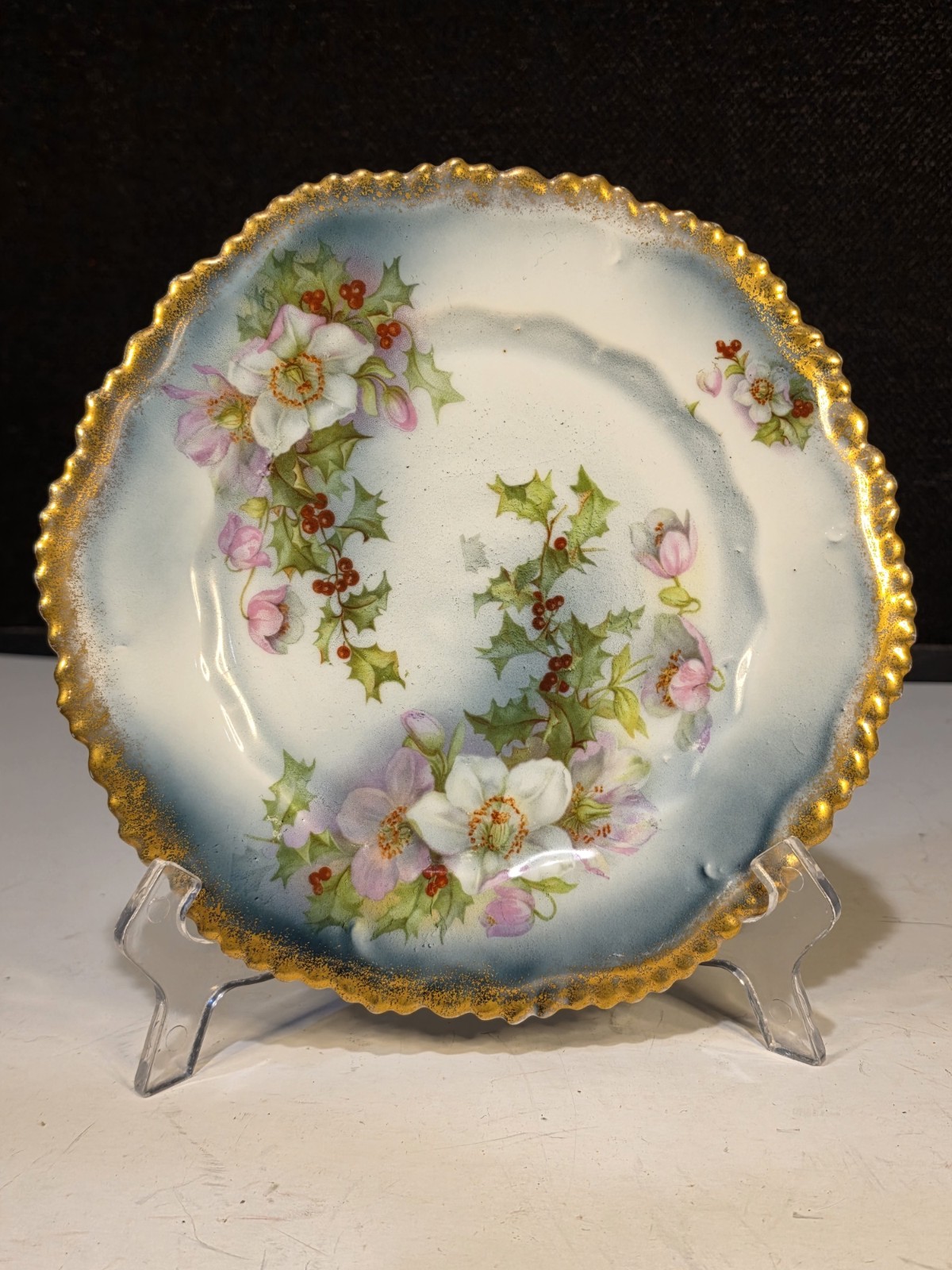Antique Wurttemberg Porcelain Christmas Rose Holly Plate Gold Trim