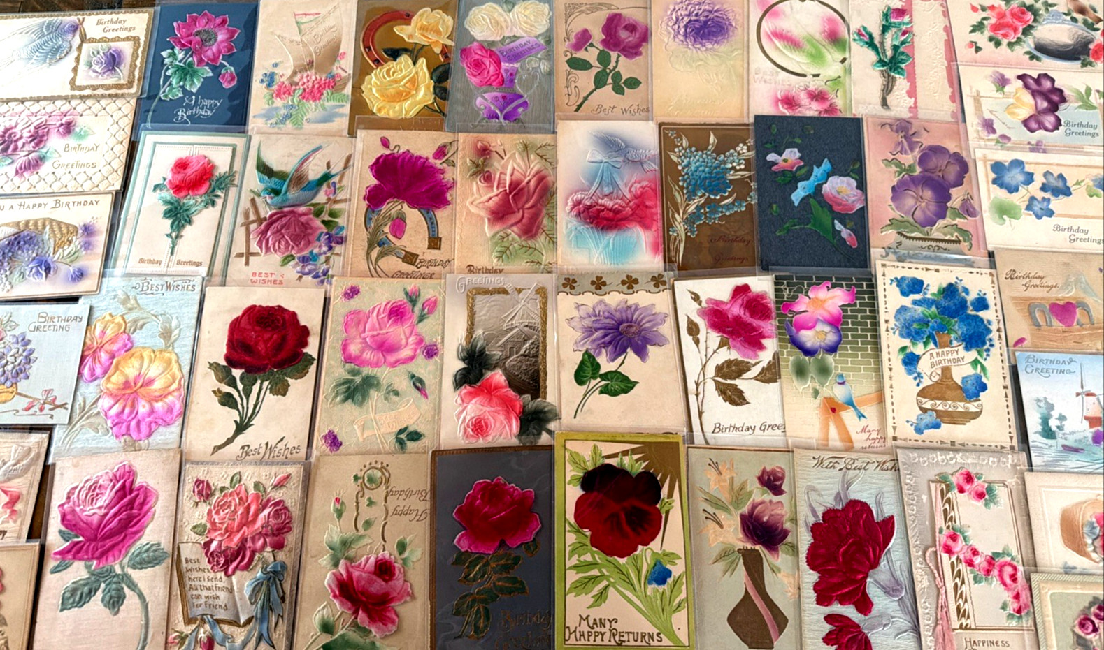 Big Lot of~60~Antique Postcards Airbrushed Velvet~Embossed Greetings ~in sleeves