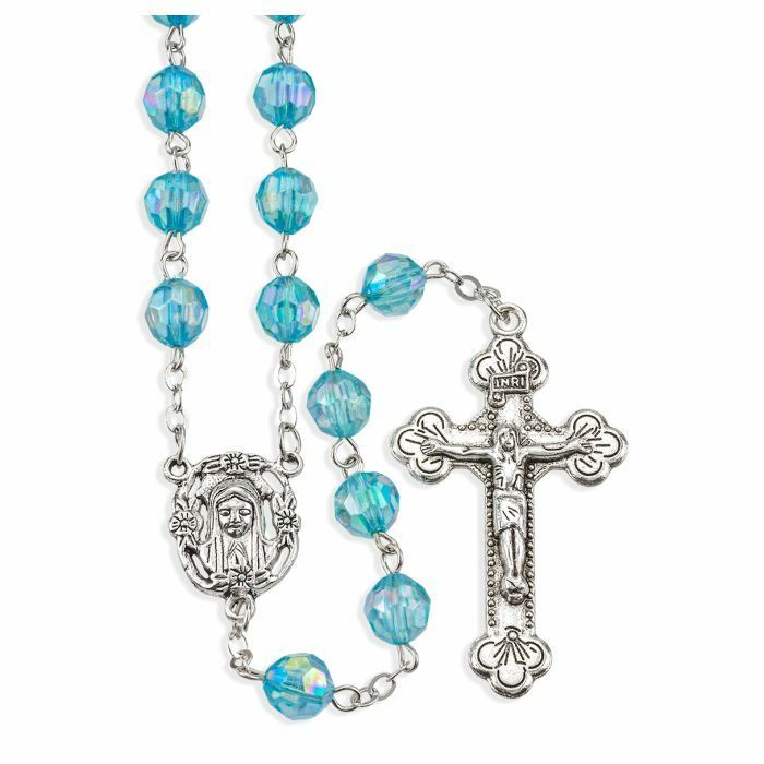 Aquamarine Rosary, March, with Two Free Prayer Cards