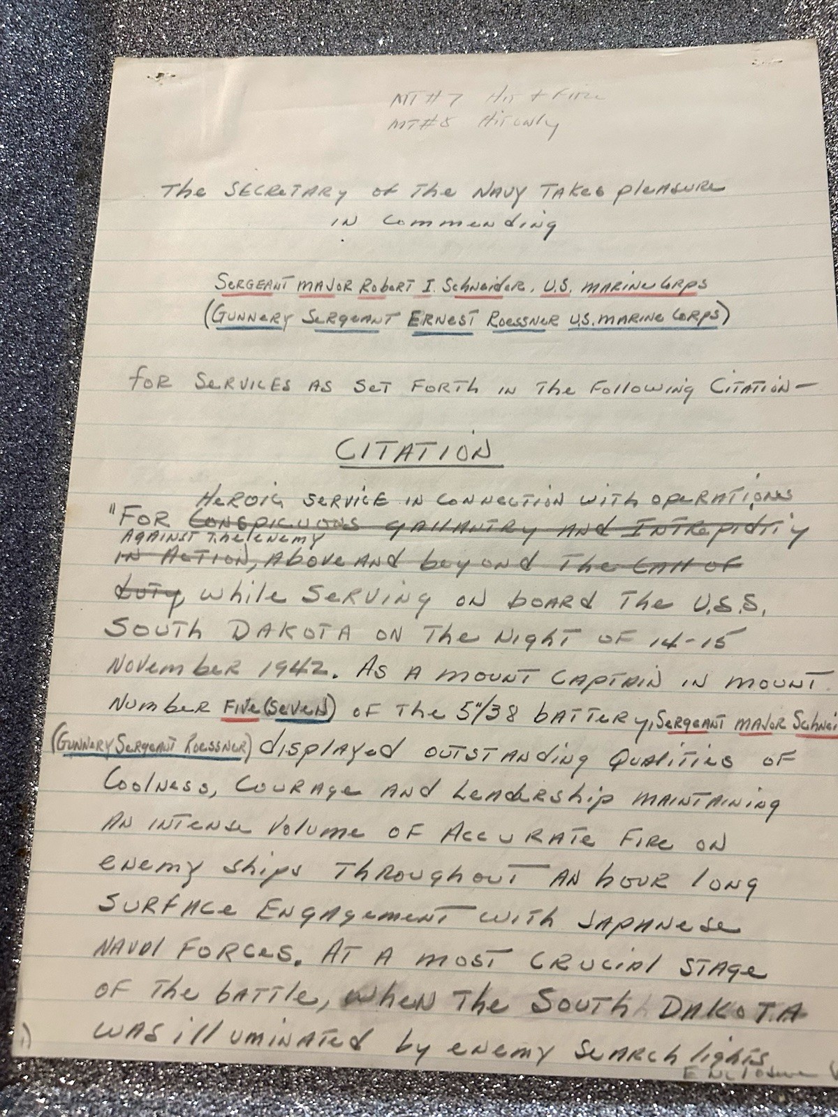 WWII USS South Dakota Guadalcanal USMC Handwritten Medal Citation Draft 1942