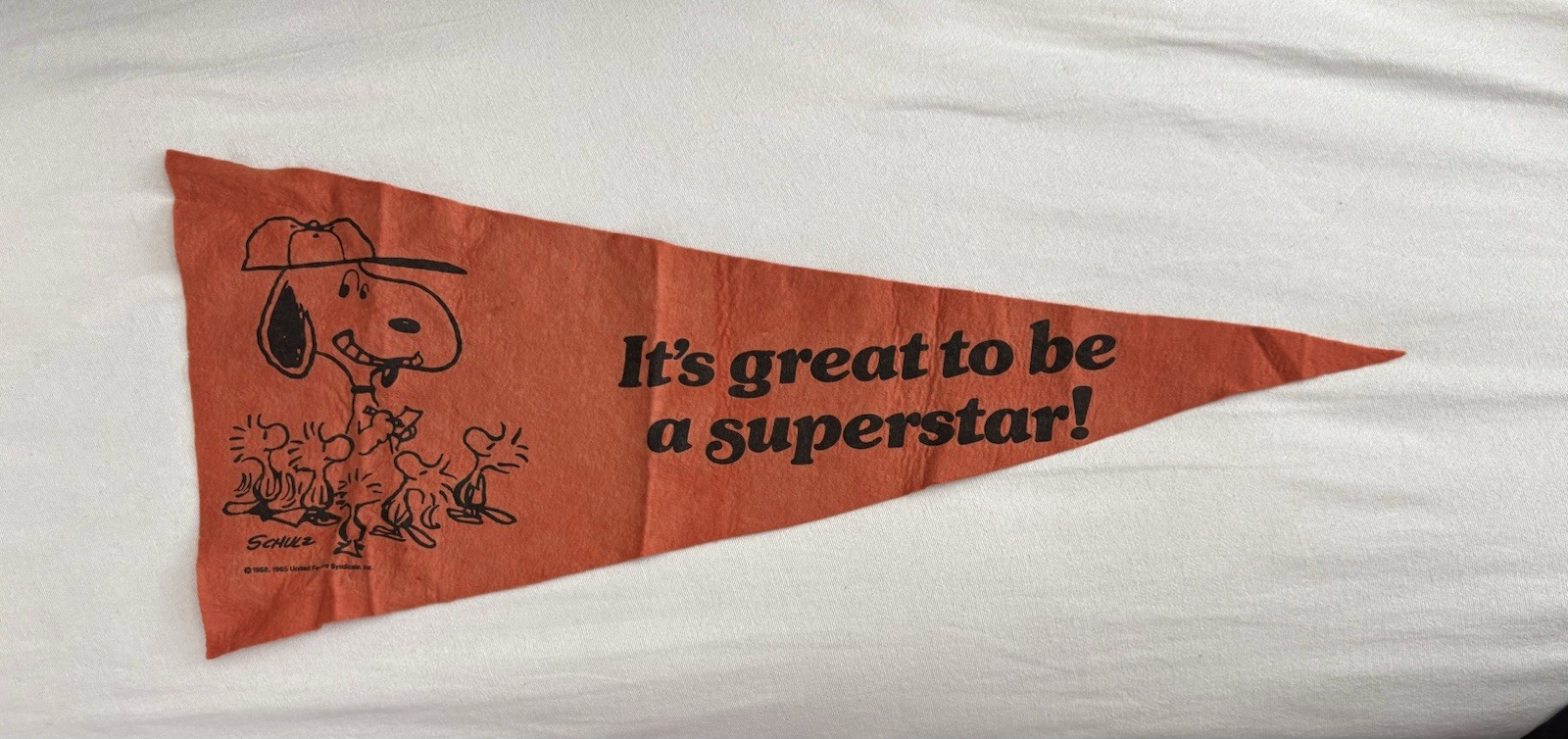 VINTAGE PEANUTS 1965 Snoopy Felt Triangle Banner Reddish Orange 31